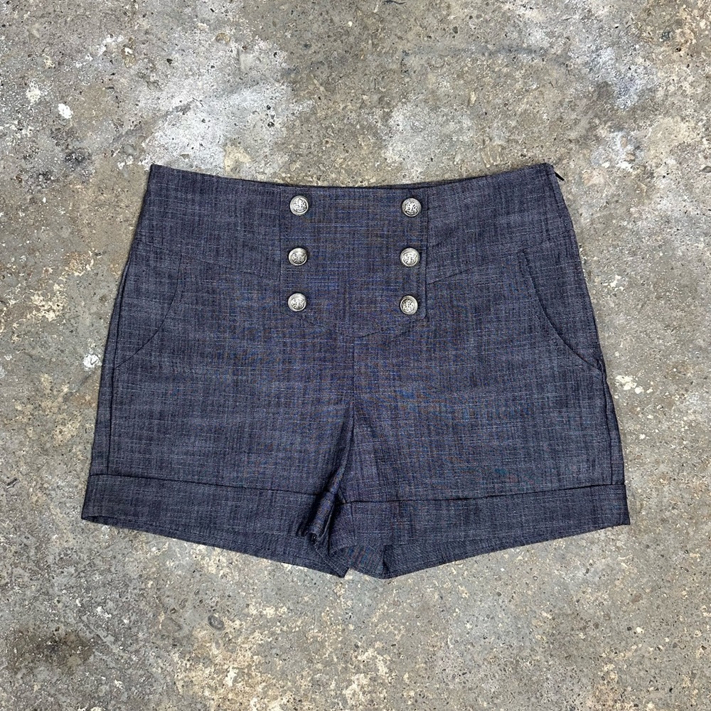 Navy Military Button High Waisted Shorts